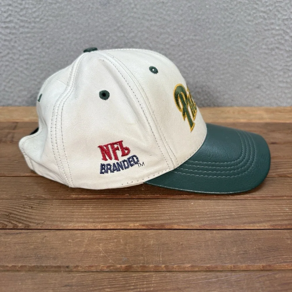 Vintage Green Bay Packers Hat Adult‎ White Green Leather Snapback Cap NFL 90s
